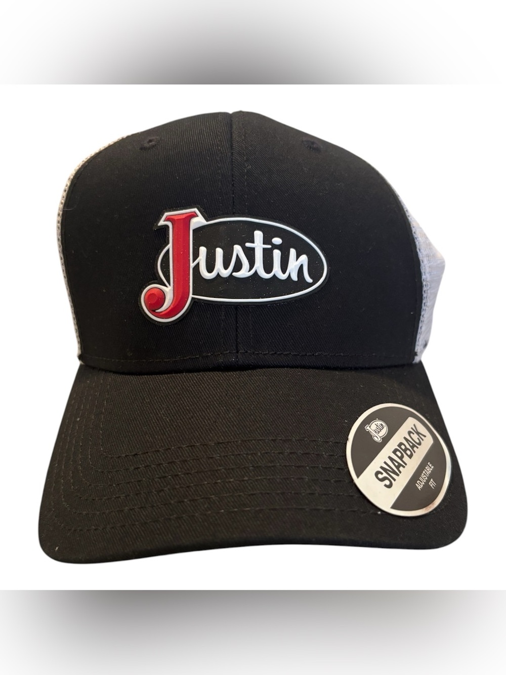 Justin Boots White Mesh Trucker Hat with Red Tag